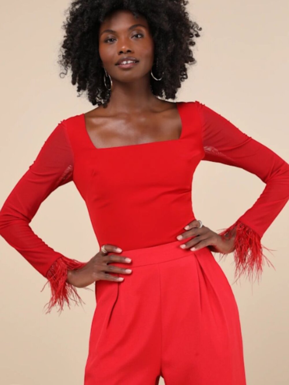 LULU's Sexy Flirty Feather Chic Holidays Red Long Sleeve Night Out Bodysuit